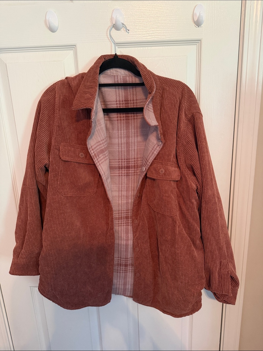 Rust Corduroy Shacket with Plaid Lining